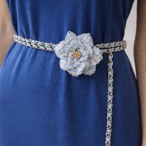 Liz Claiborne Petal Power Blue Tweed Woven Chain Belt Flower L XL NWT Floral